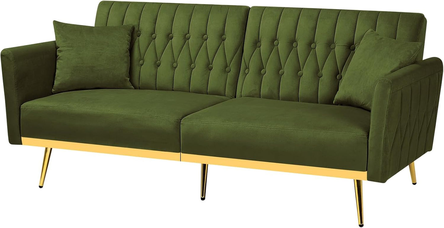 70” Velvet Futon Sofa Bed W/Adjustable Armrests & 2 Pillows, Convertible Futon Couch W/Adjustable Backrests, Modern Sleeper Bed for Living Room, Bedroom, Olive Green