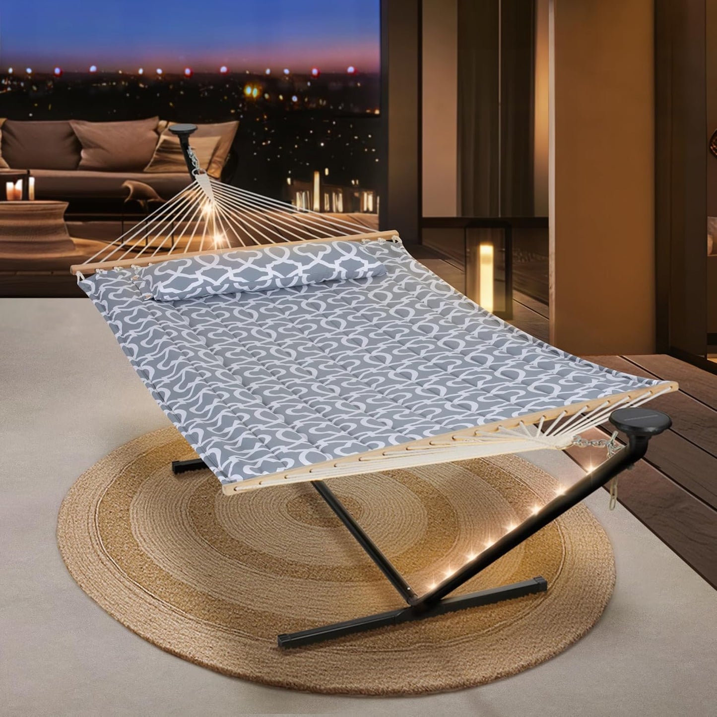 Hammocks Outdoor 2 Person Hammock with Solar Powered Lights, Double Hammock with 12 Ft Stand Included, Light Gray