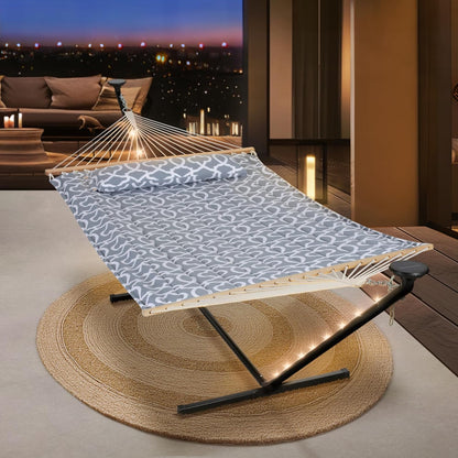 Hammocks Outdoor 2 Person Hammock with Solar Powered Lights, Double Hammock with 12 Ft Stand Included, Light Gray