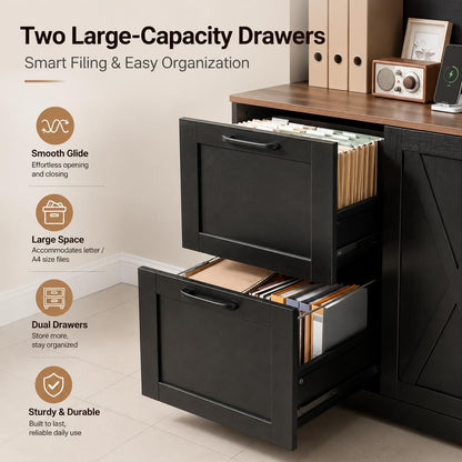 72'' Tall Bookshelf with Power Outlet, 2 Drawer File Cabinet for A4 Hanging Files, 3-Tier Open Shelves & Closed Storage Cabinets, Multifunctional Printer Stand - Black