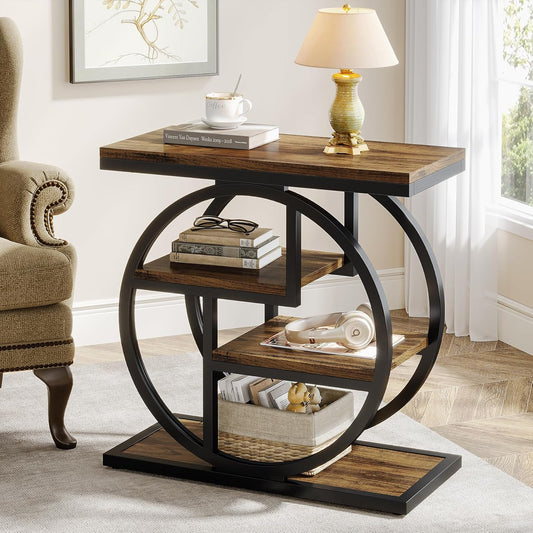 End Table for Living Room, 4-Tier Narrow Side Table with Storage Shelves, Industrial Bedside Table for Bedroom, Wood Small Sofa Side Table with Geometric Metal Frame (1 PC, Rustic Brown)