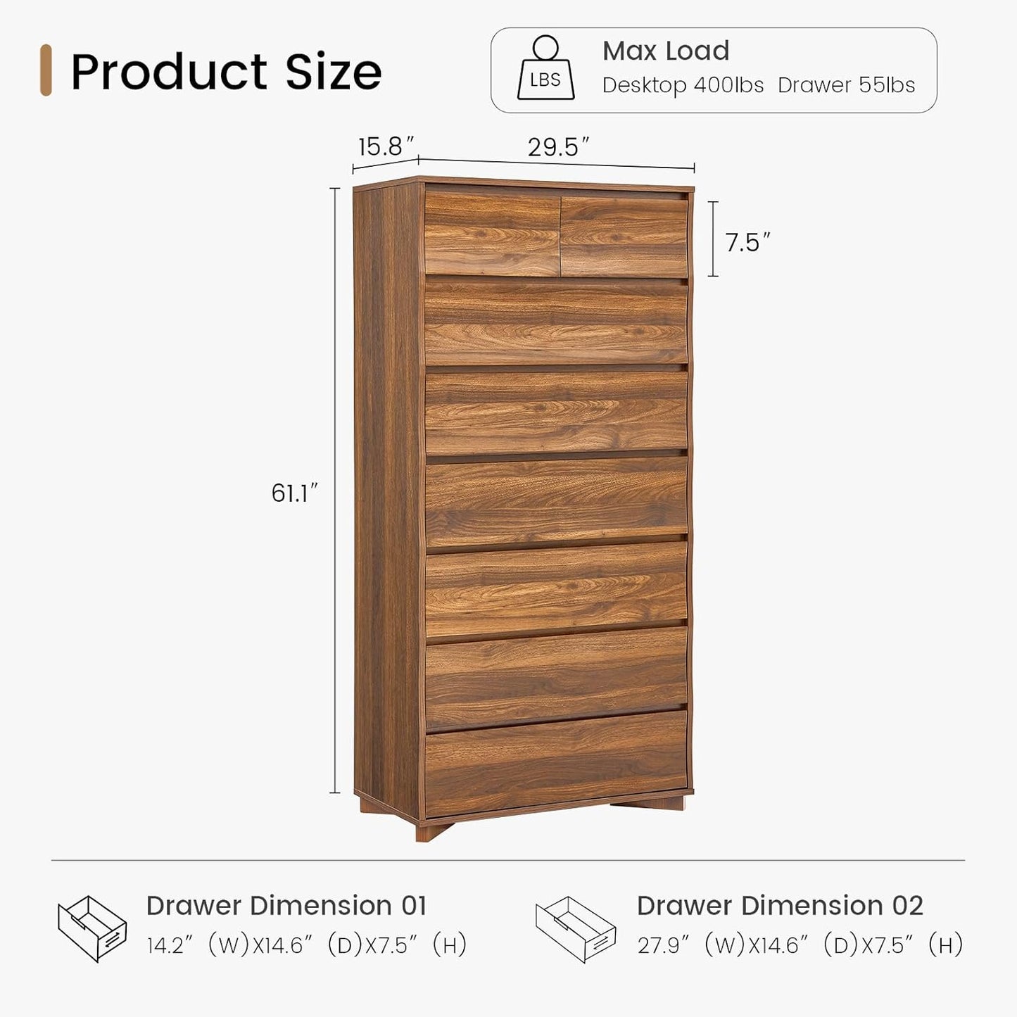 Tall Dresser for Bedroom, 61.1" Tall Dresser with 8 Drawers, Wood Dressers & Chests of Drawers, Accent Upright Drawer Organizers for Closet, Hallway