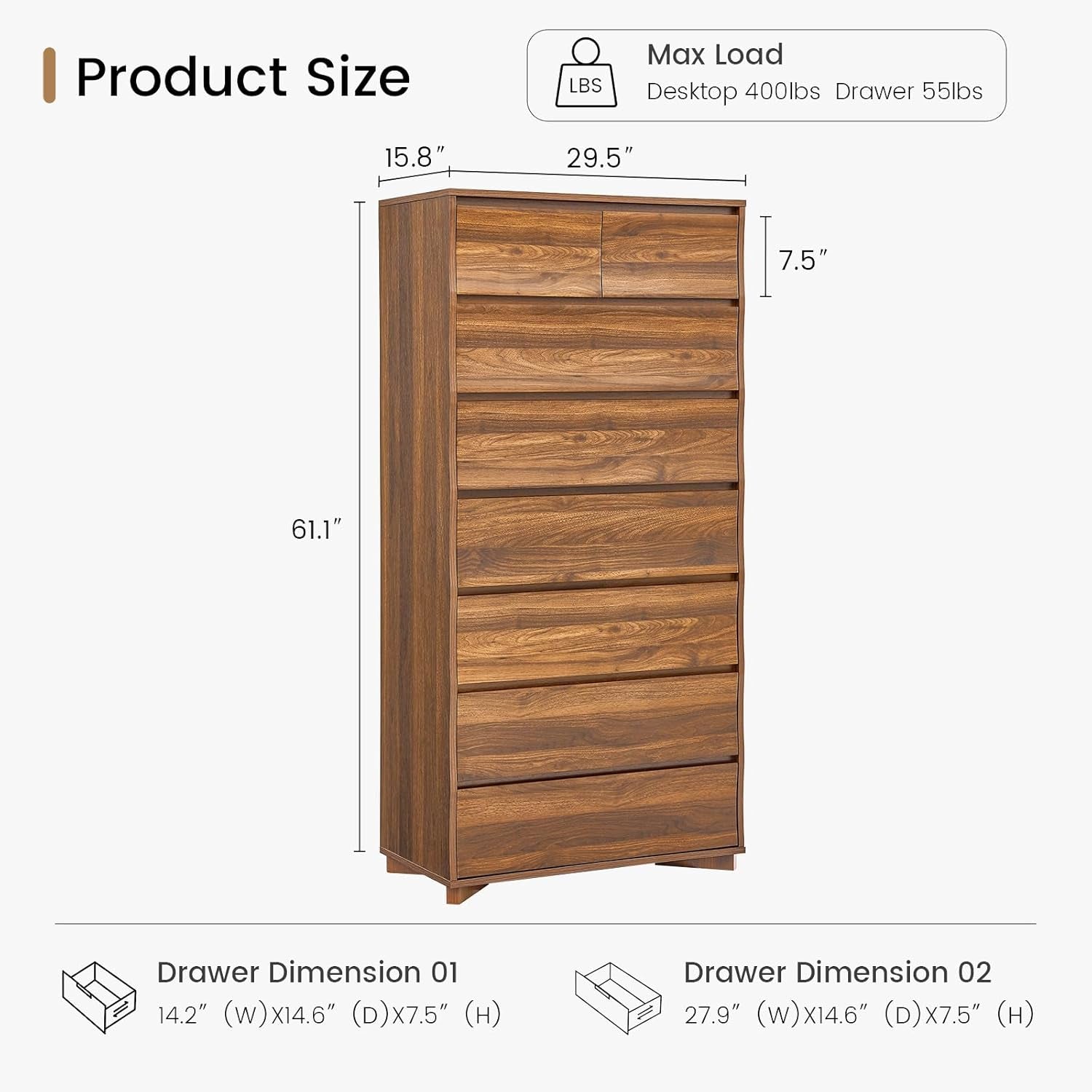 Tall Dresser for Bedroom, 61.1" Tall Dresser with 8 Drawers, Wood Dressers & Chests of Drawers, Accent Upright Drawer Organizers for Closet, Hallway