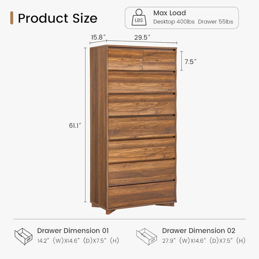 Tall Dresser for Bedroom, 61.1" Tall Dresser with 8 Drawers, Wood Dressers & Chests of Drawers, Accent Upright Drawer Organizers for Closet, Hallway