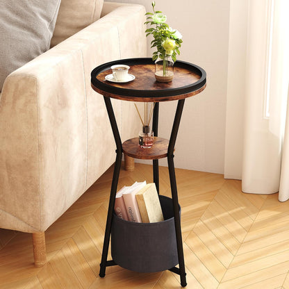 round Side Table, Small Drink Table for Small Spaces, 3-Tier Industrial End Table, Accent Nightstand Bedside Table for Living Room, Bedroom, Sofa Couch, Rustic Brown