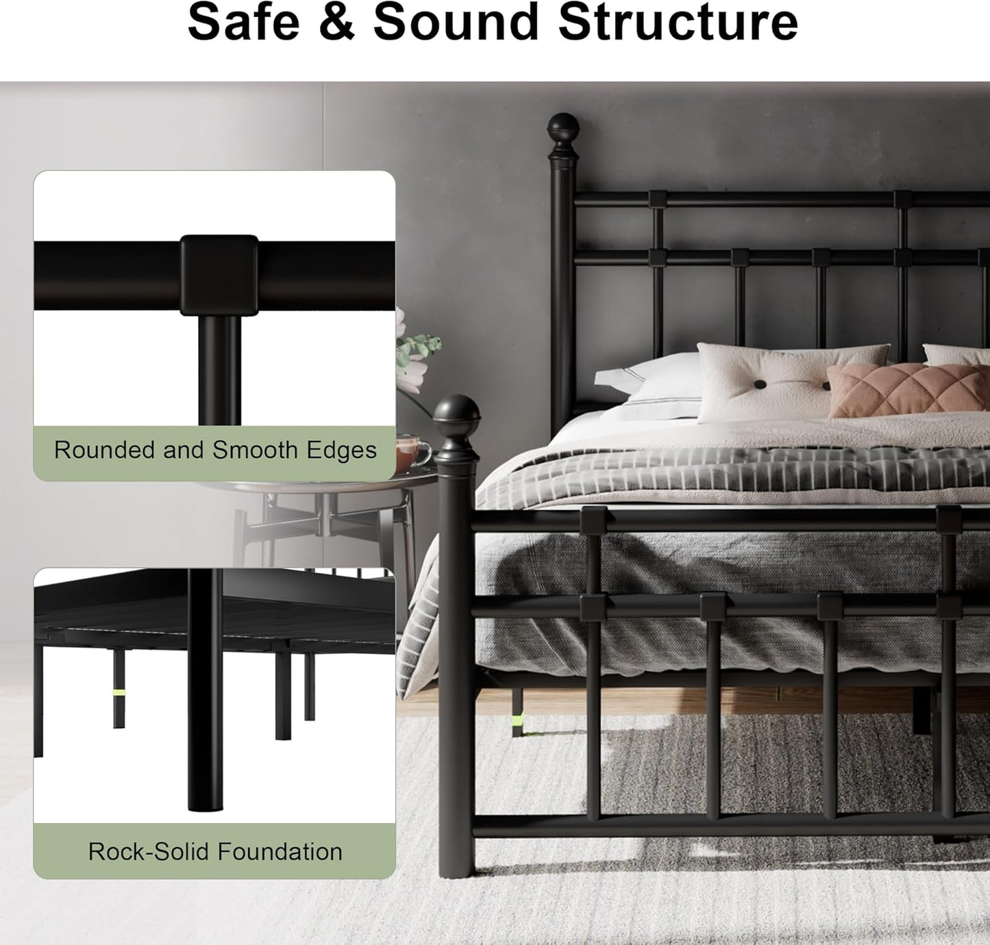 King Size Metal Platform Bed Frame with Victorian Classic Iron-Art Headboard & Footboard, Steel Slats Support, 12" under Bed Storage, No Box Spring Needed, Easy Assembly, Noise-Free, Black