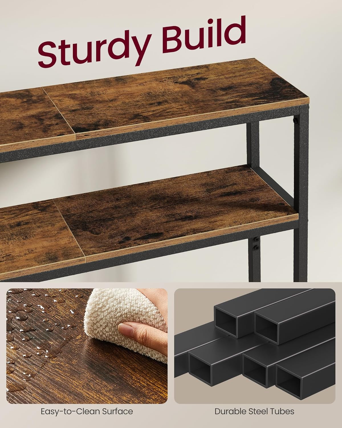 Console Table with Power Outlet, 2-Tier Narrow Sofa Table with 2 Shelves, 7.9 X 31.5 X 31.5 Inches, for Living Room, Hallway, Entryway, Rustic Brown and Ink Black ULNT135K01