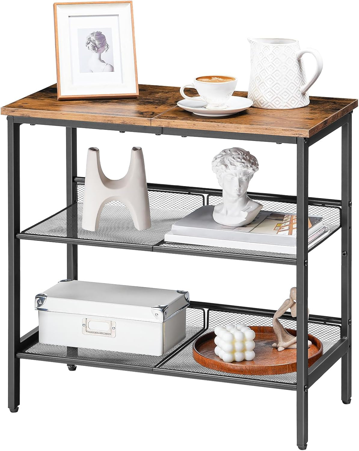 End Table, 3-Tier Narrow Side Table, Nightstand with 2 Flat or Slant Adjustable Shelves for Small Spaces, Hallway, Living Room, Bedroom, Sturdy, Easy Assembly, Rustic Brown and Black BF23BZ01G1