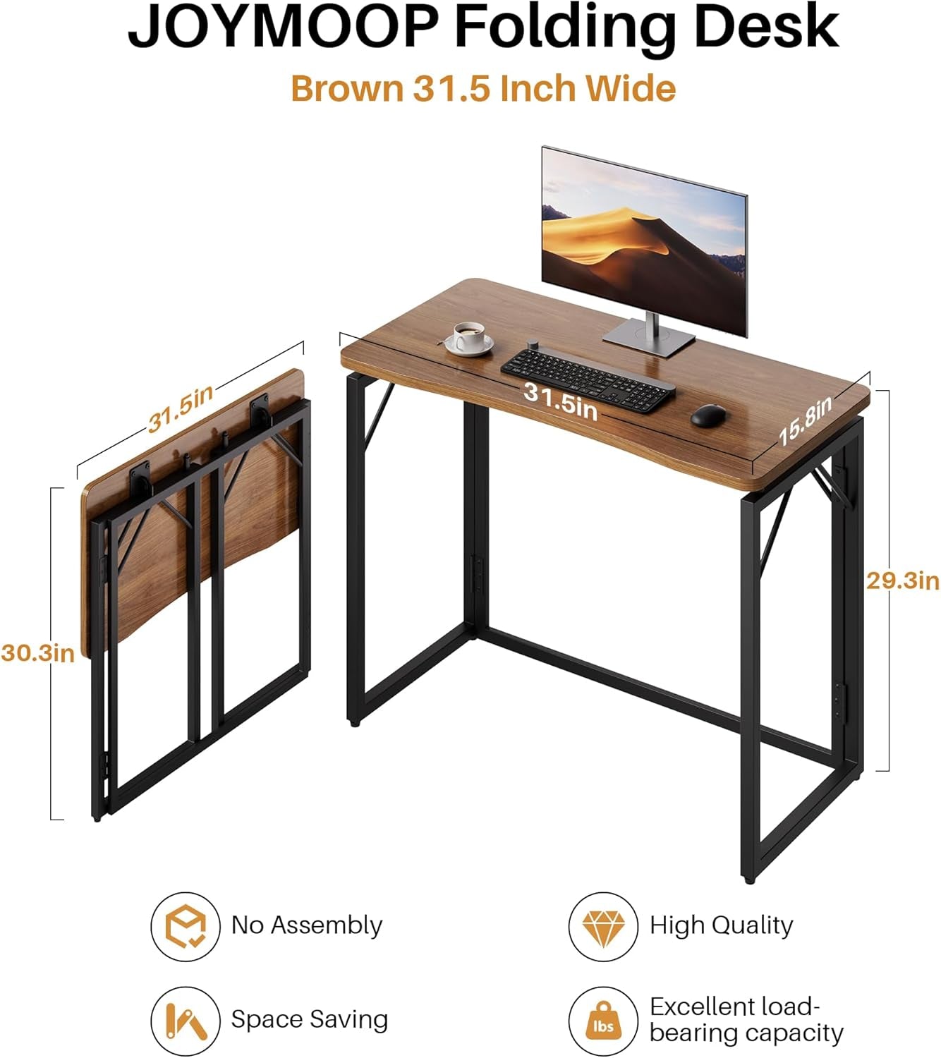 31.5" Folding Desk - Brown, No Assembly Small Foldable Desk for Home, Office, Wooden Top Folding Computer Desk for Working, Writing, Studying