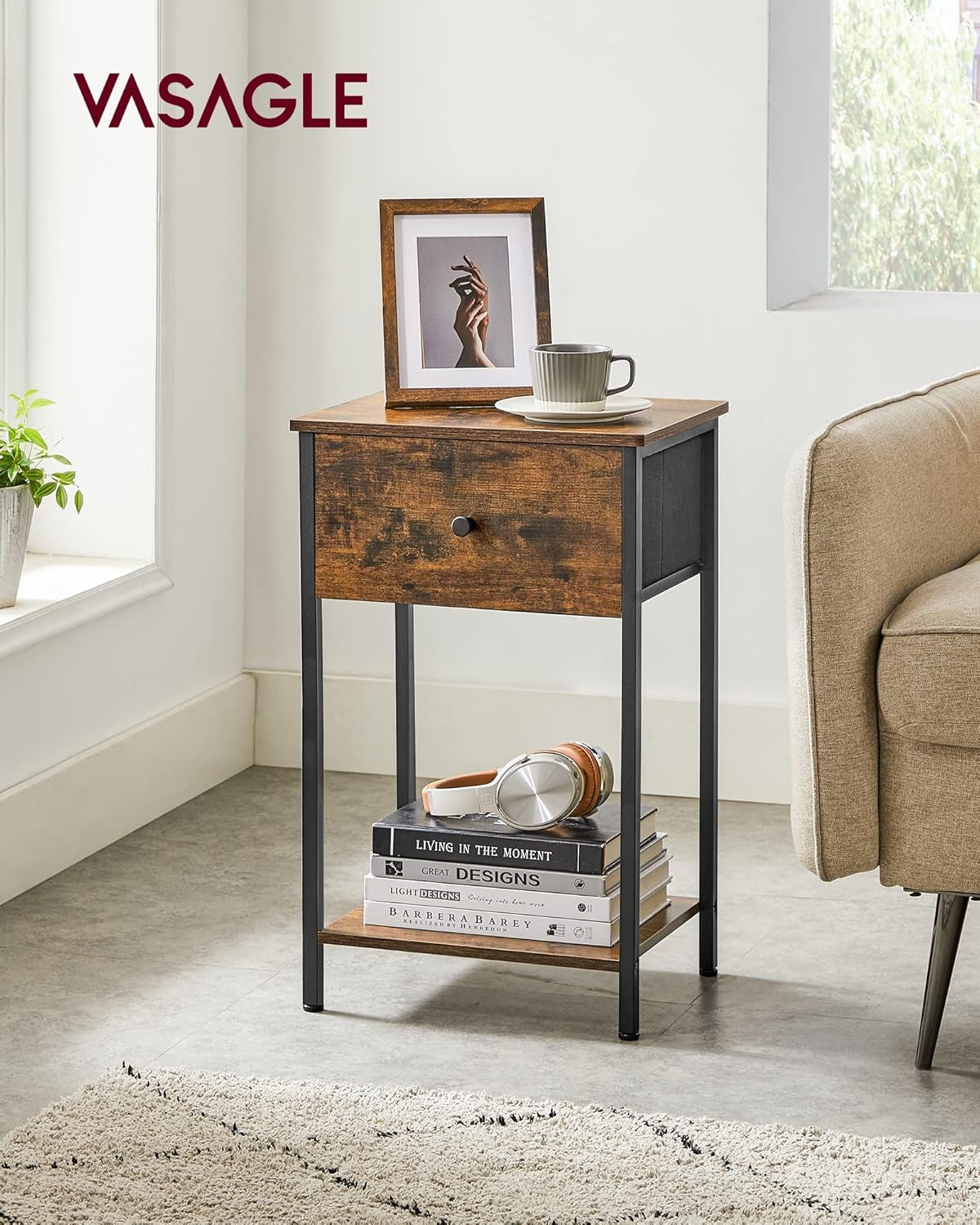 Nightstand, Side Table with Fabric Drawer, 24-Inch Tall End Table with Storage Shelf, Bedroom, Rustic Brown and Black ULGS021B01