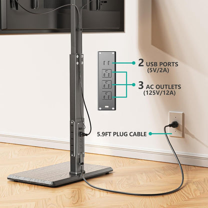 Floor TV Stand with Power Outlet, Tall TV Stand Mount for 32-75 Inch TV up to 110 Lbs, Swivel and Height Adjustable TV Stands with Wood Base for Bedroom, Office(Tvdvd-7P), Black