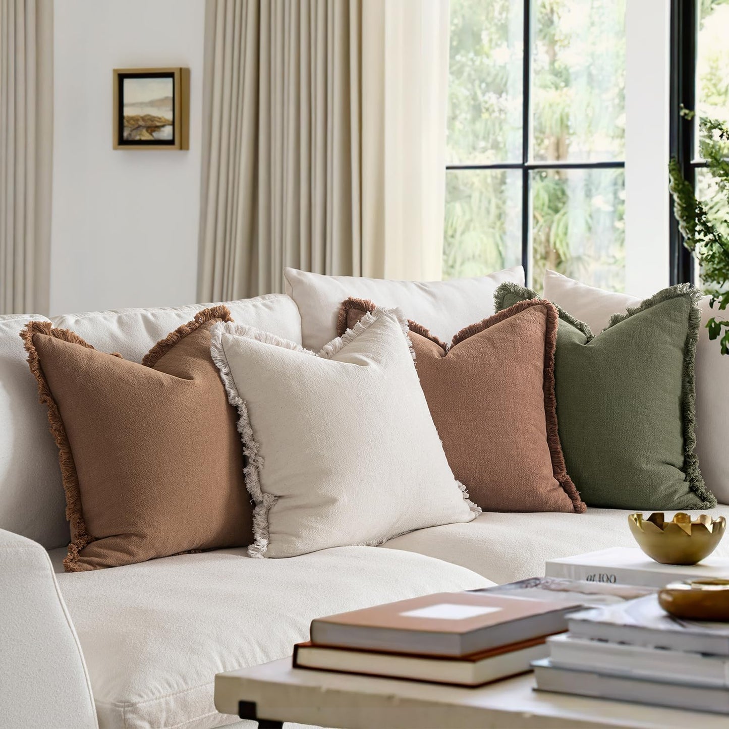 Fall Decorative Couch Pillow Covers Neutral Linen Fringe Throw Pillows Set of 4 Soft Rustic Cushions Boho Farmhouse Pillowcases for Bed Sofa Living Room Home Decor 18X18 Inch Beige/Brown/Green