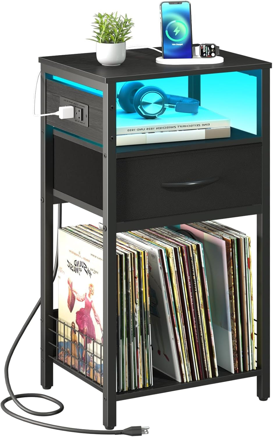 Record Player Stand with Storage - End Table with Charging Station & LED Lights, Vinyl Record Storage Holds up to 100 Albums, Nightstand with Drawer for Living Room Bedroom, Black