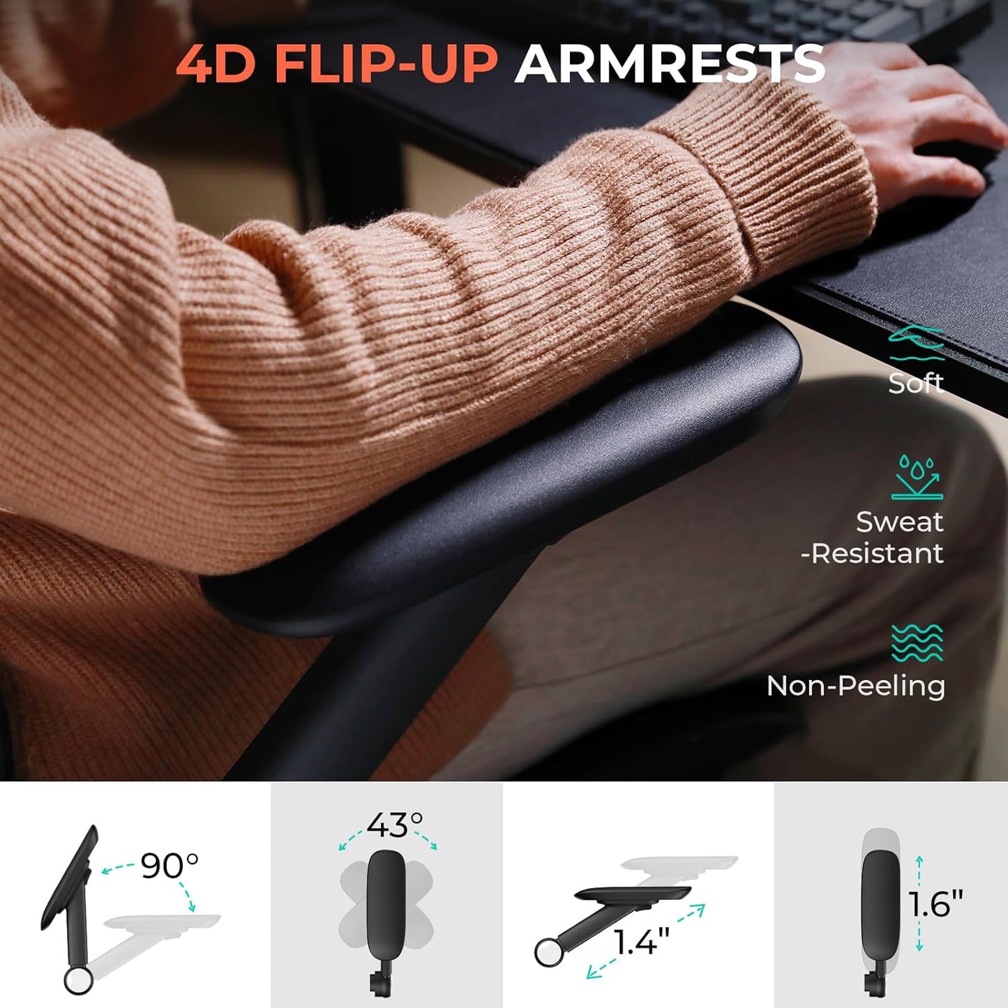 Ergonomic Mesh Office Chair, Adjustable Lumbar High Back Desk Chair 400Lbs, 4D Flip-Up Arms, 3-Level Tilt Backrest, 3D Headrest, PU Wheels, Swivel Rolling Computer Seating for Long Desk Work