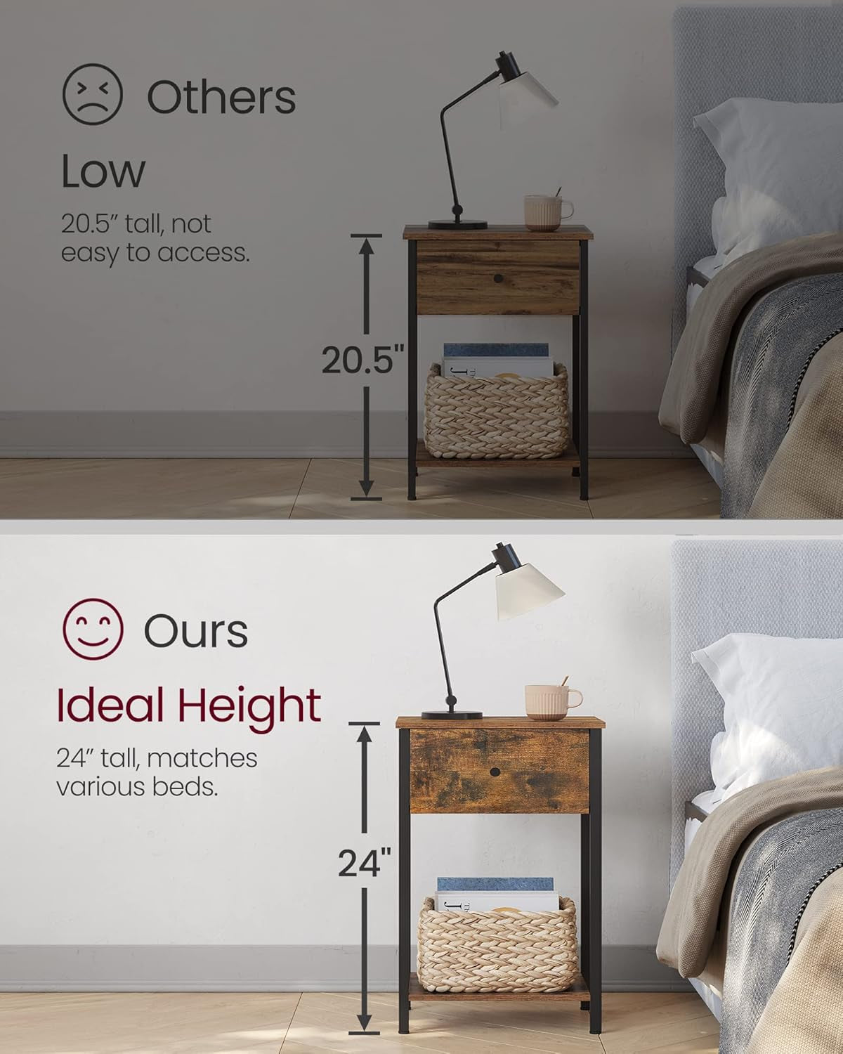 Nightstand, Side Table with Fabric Drawer, 24-Inch Tall End Table with Storage Shelf, Bedroom, Rustic Brown and Black ULGS021B01