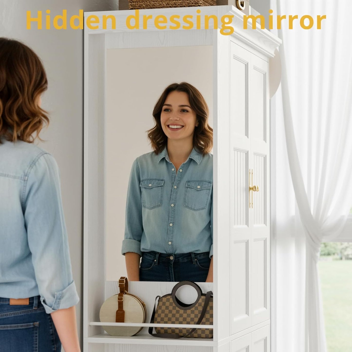 Armoire Wardrobe Closet with Mirror, 70” Wooden Wardrobe Cabinet with 4 Doors, 2 Open Storage Shelves, Freestanding Bedroom Armoire with 3 Hooks & Hanging Rod for Home Room, White