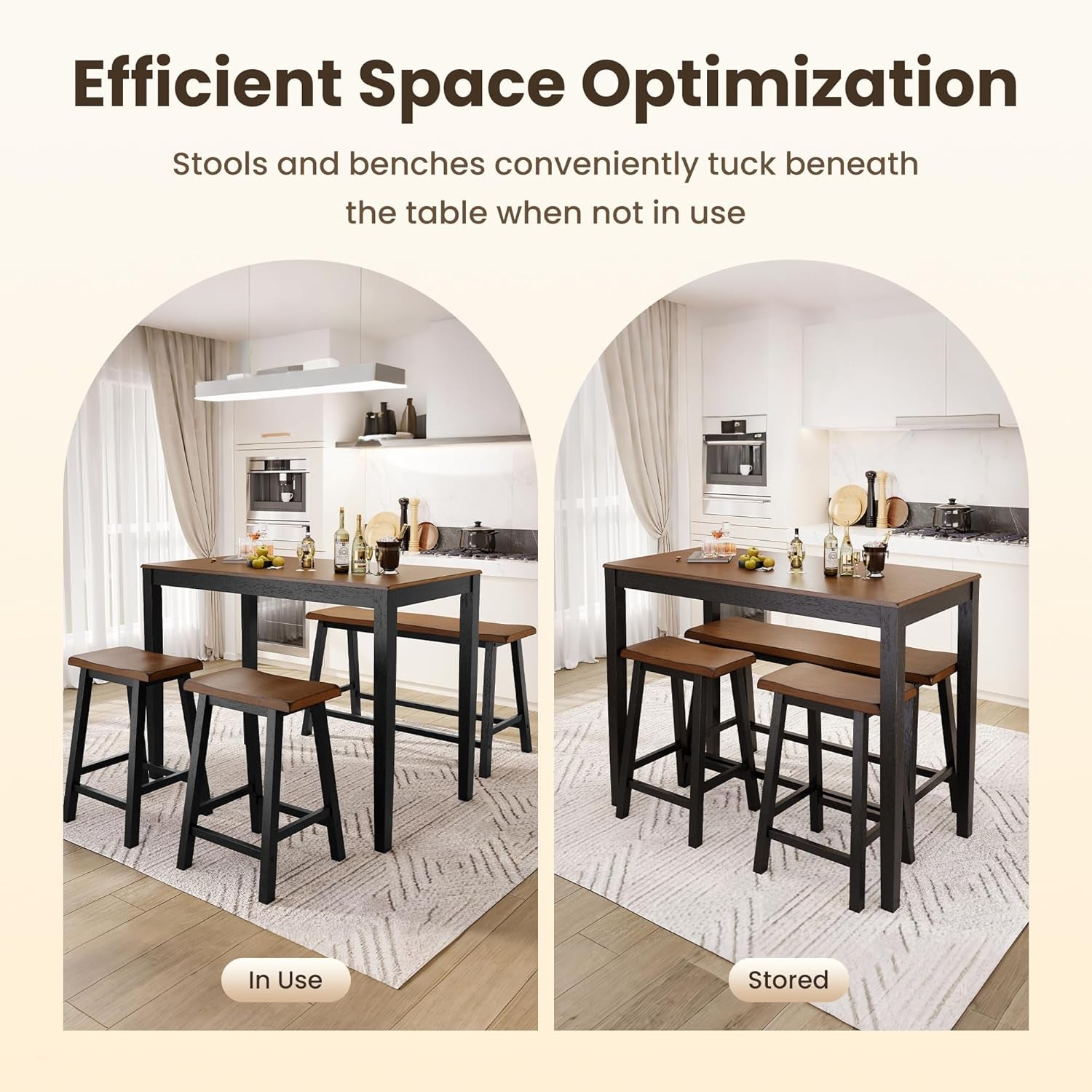 Dining Table Set for 4, Counter Height Dining Table Set with Bench and 2 Chairs, Wooden Kitchen Table Set,Rustic Farmhouse Dinning Table Set, Rustic Caramel