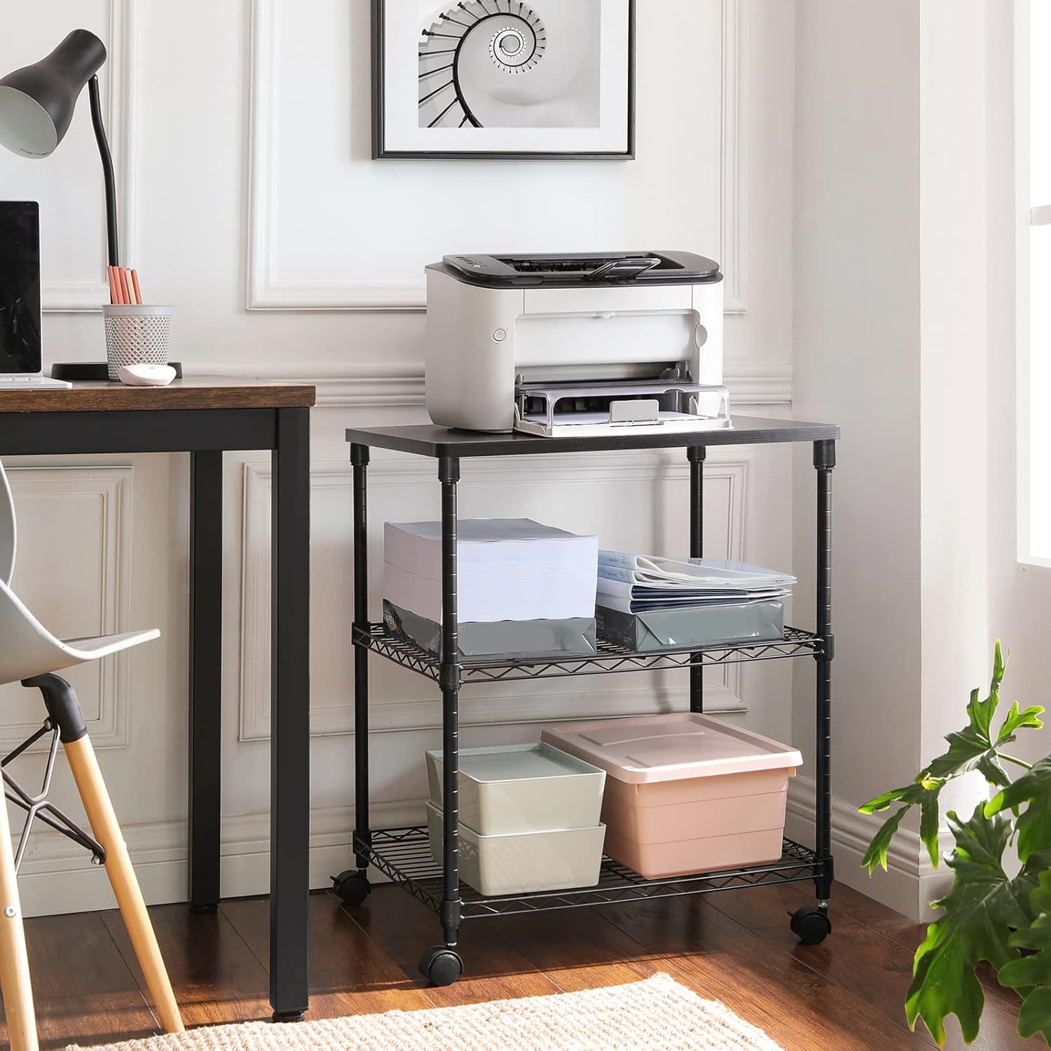 3 Tier Wide Printer Stand, Printer Table with Wheels, Rolling Printer Cart, Printer Desk with Metal Frame for Home Office, 22 X 18.1 X 26.8 Inches, Black ULGR32BK