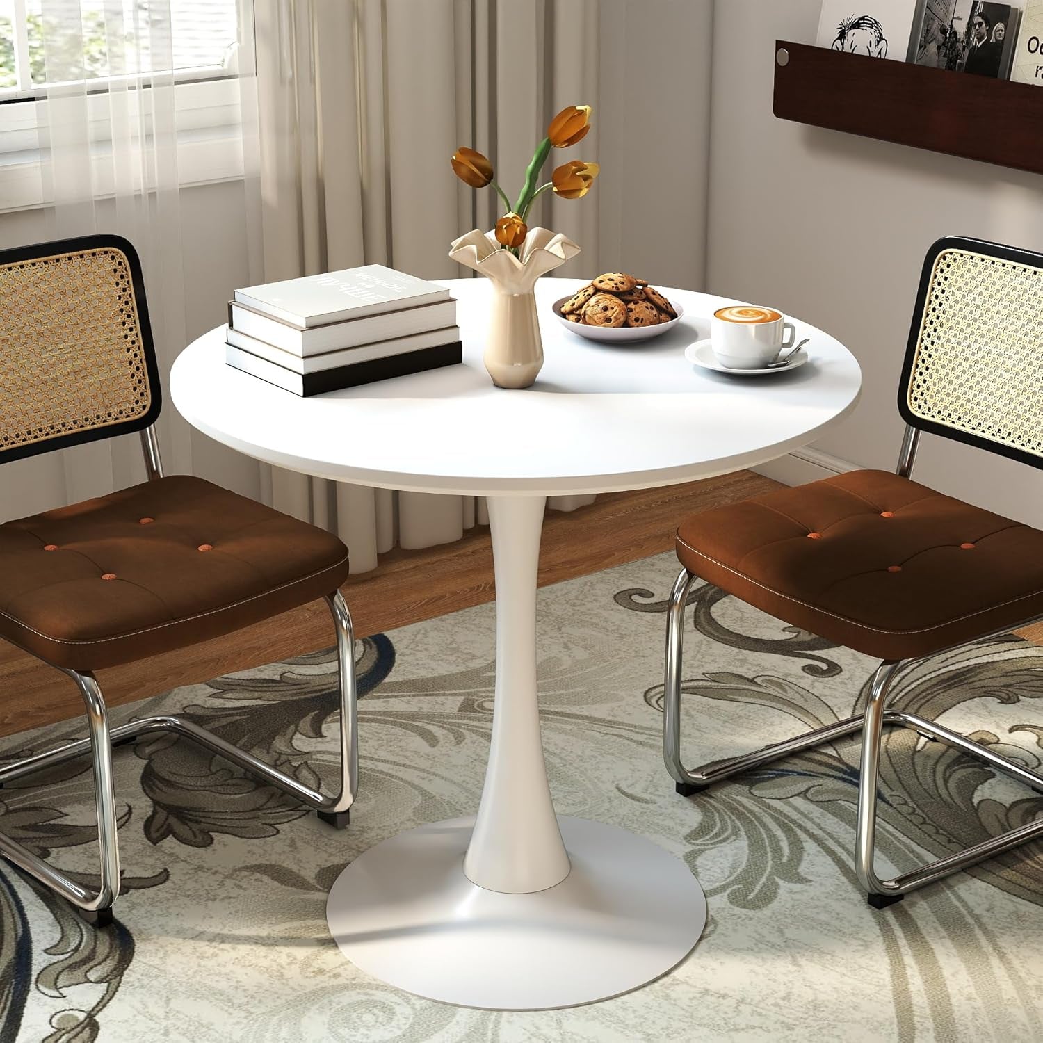 White round Dining Table, 31.5" Tulip Table Kitchen round Dining Table for 2-4 People with MDF Table Top and Metal Pedestal Base, Mid-Century Leisure Table for Home, Dining Room, Cafe