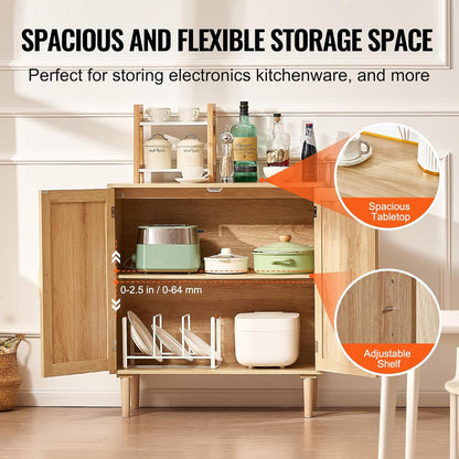 Rattan Cabinet, Buffet Cabinet with 2 Magnetic Doors and Adjustable Shelves, Sideboard Buffet for Hallway, Entryway, Living Room, or Kitchen, Natural