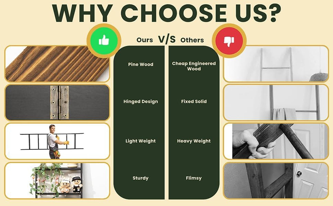 Decorative Wooden Blanket Ladder for the Living Room and Bedroom, 5Ft 8 Inch, Pine Wood Quilt Ladder, 6-Tier Wall Leaning Blanket Rack Stand, Farmhouse Blanket Ladder for Home Décor N Display.(Brown)