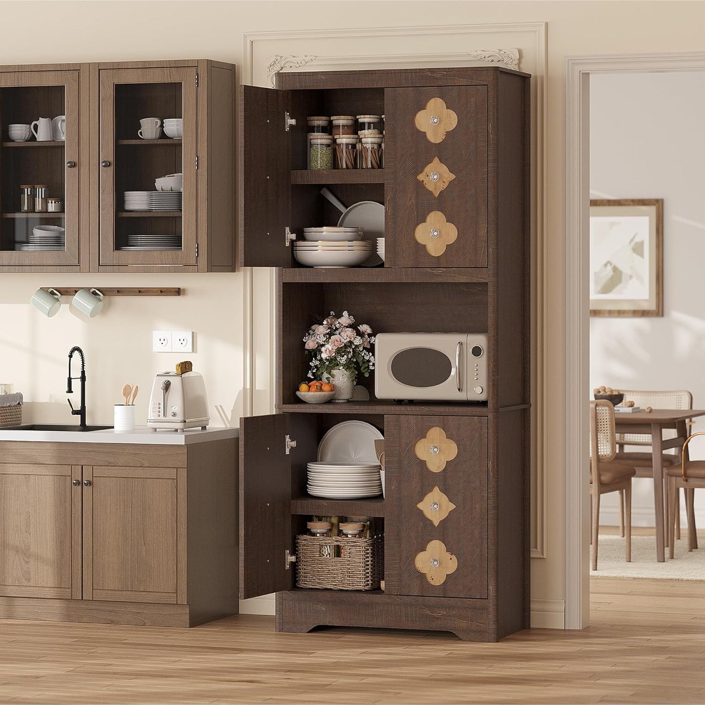 72" Tall Pantry Cabinet, Kitchen Hutch Storage Cabinet with Countertop for Microwave, Freestanding Wooden Cupboard with Carved Door & Crystal Handle, for Dining Room, Living Room, Reddish Brown