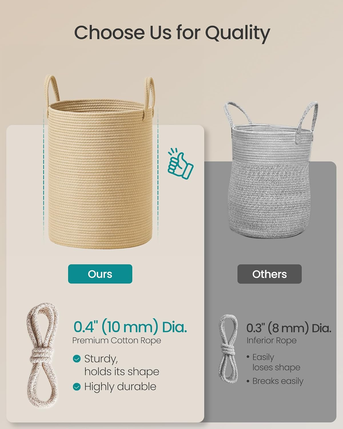 Laundry Hamper, Cotton Rope Laundry Basket with Handles, for Children, Toys, Clothing, Living Room, Bedroom, 15.8 Gallons, 13.8 X 13.8 X 19.7 Inches, Yellowish Brown URLH061KZ01