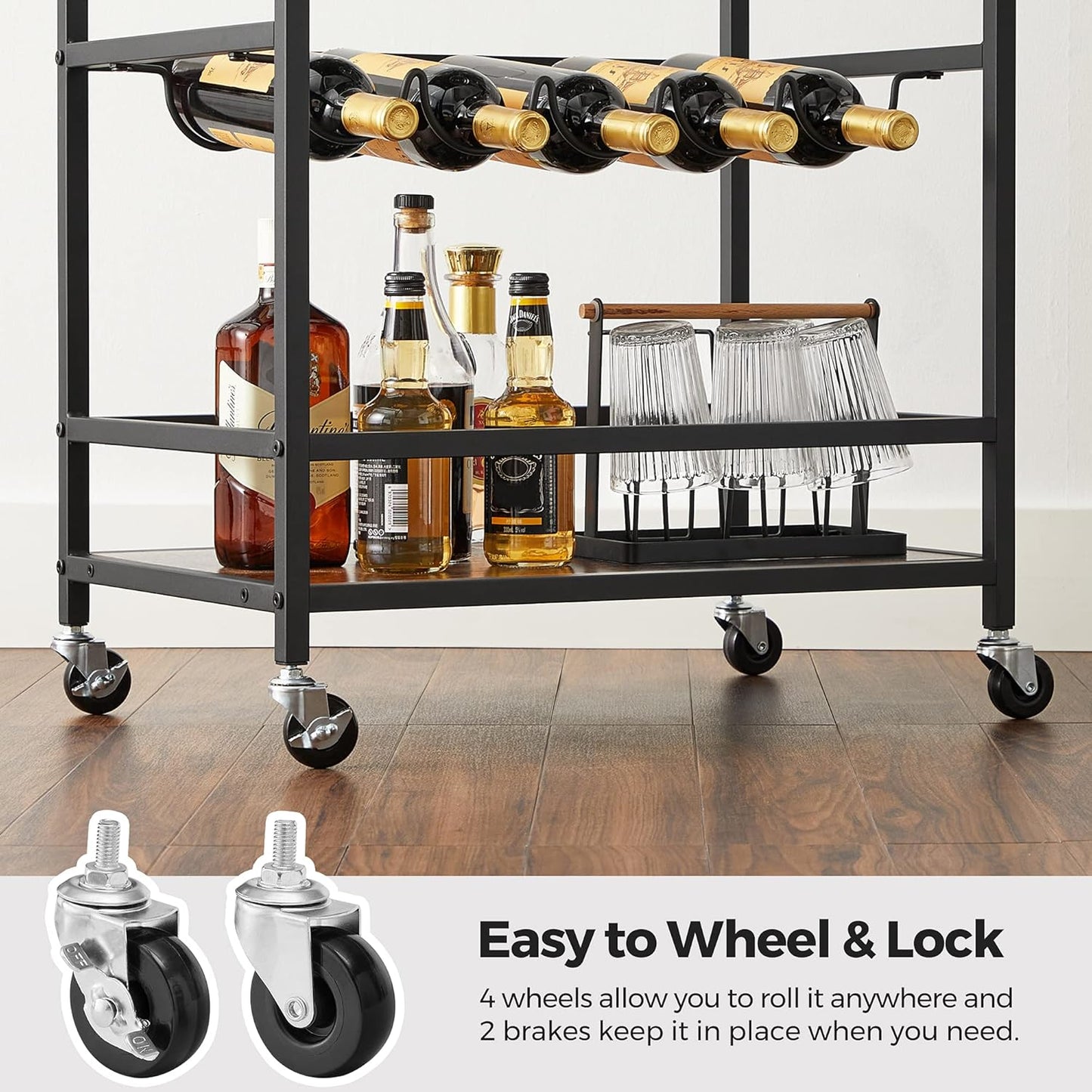 Bar Cart, Serving Cart with Wheels, Glass Stemware Rack and Wine Bottle Holders, 15.7 X 23.6 X 32.3 Inches, Industrial, Rustic Brown and Black ULRC087B01
