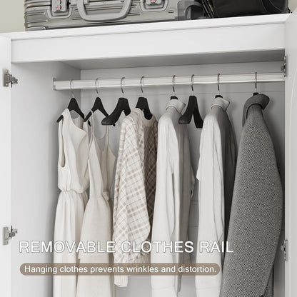 Wooden Armoire Wardrobe Closet with 2 Doors and 2 Drawers,Bedroom Freestanding Armoire Storage Cabinet with Shelves,Tall Clothing Storage Cabinet for Bedroom,White