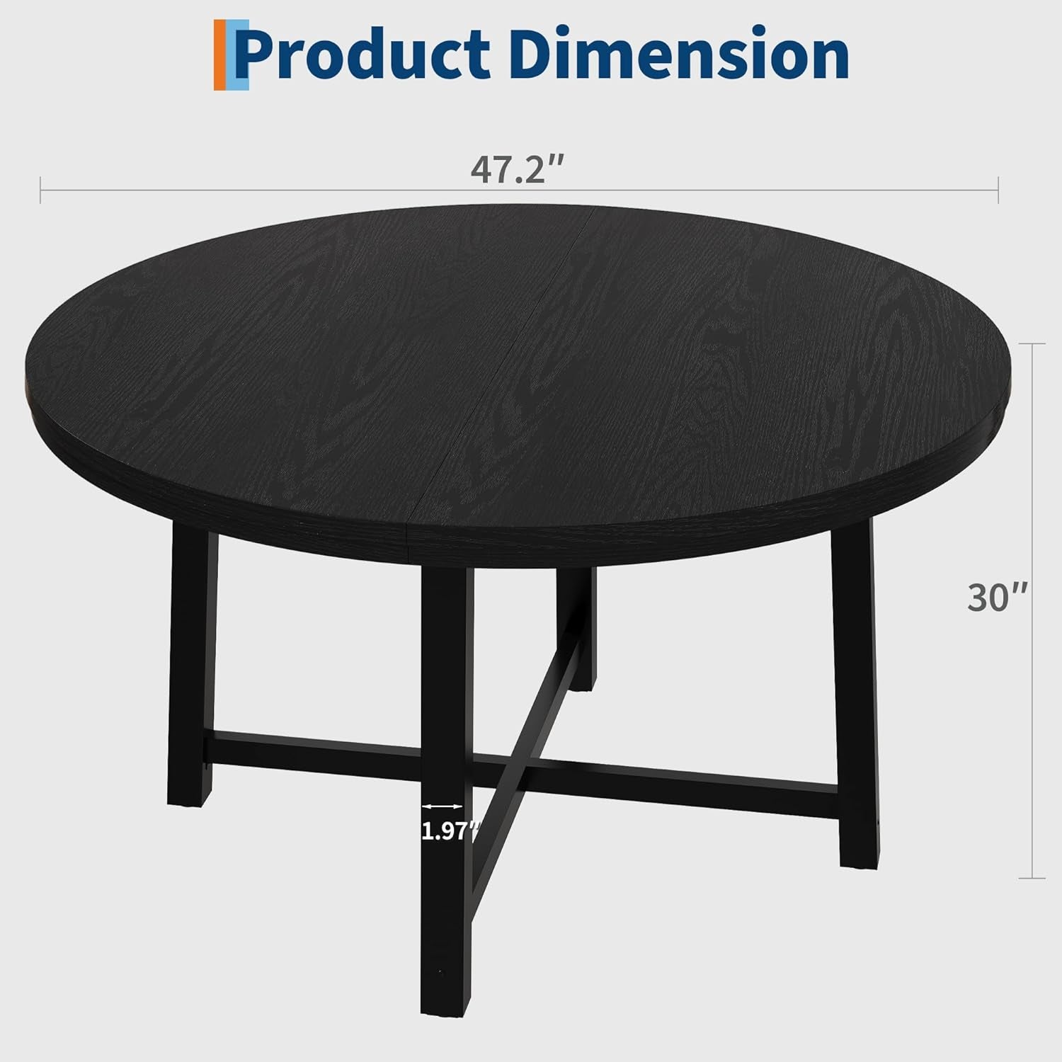 47" round Dining Table for 4, Kitchen Dining Room Table with Sturdy Metal Frame, Wood Circle Kitchen Table for Space Saving -Black