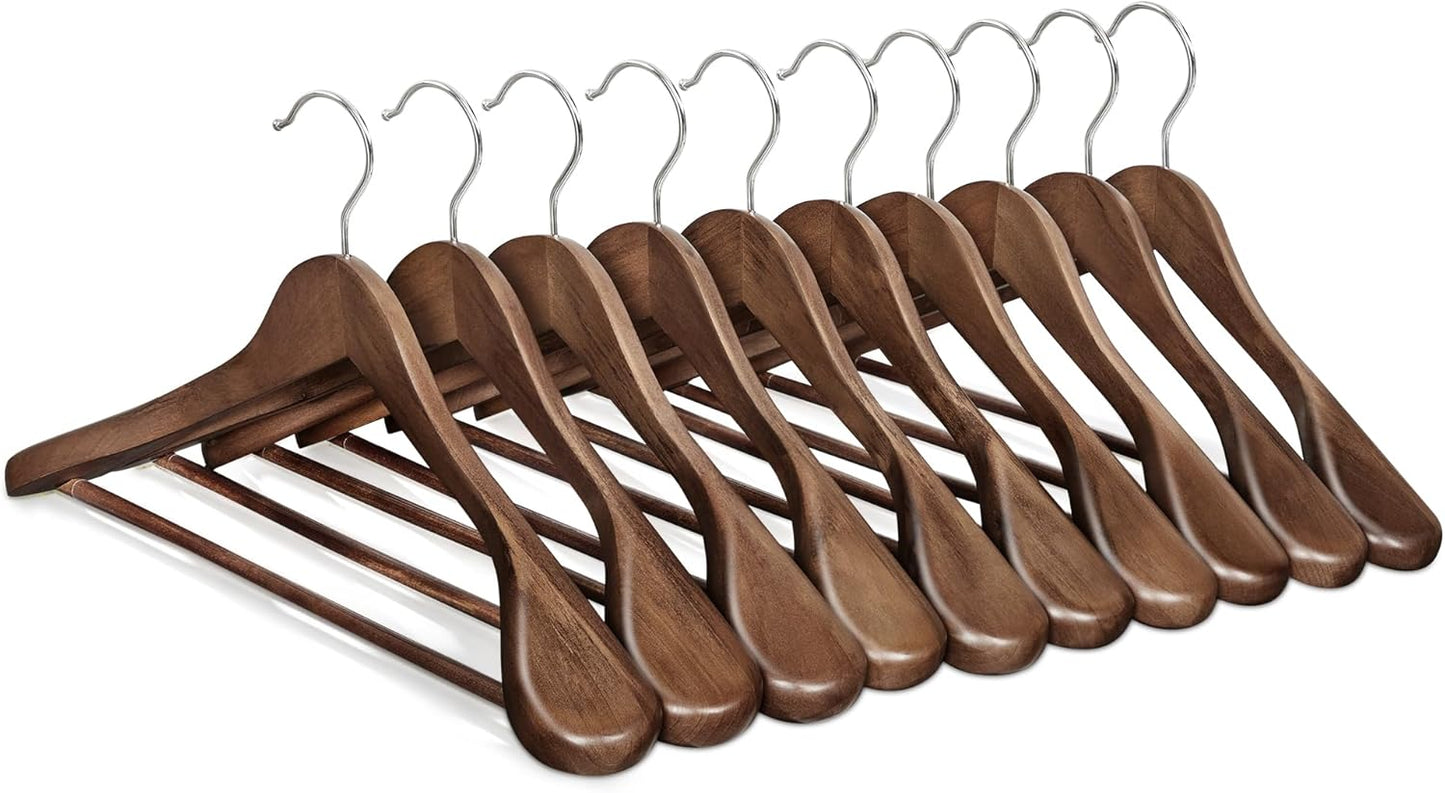 Extra Wide Wooden Suit Hangers, Set of 10 Clothes Hangers, Swivel Hooks, Non-Slip Bars, for Outfits, Suits, Coats, Shirts, Dresses, Walnut Color UCRW050KZ01