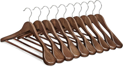 Extra Wide Wooden Suit Hangers, Set of 10 Clothes Hangers, Swivel Hooks, Non-Slip Bars, for Outfits, Suits, Coats, Shirts, Dresses, Walnut Color UCRW050KZ01