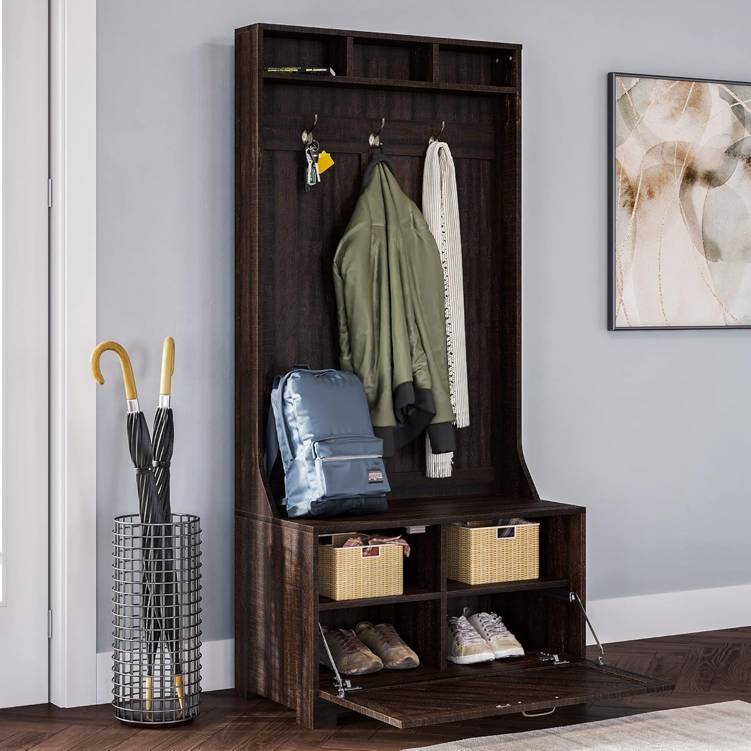 Entryway Hall Tree, Coat Rack, Storage Bench, 3-In-1 Design, Freestanding Shoe Rack - Hilo (Espresso)