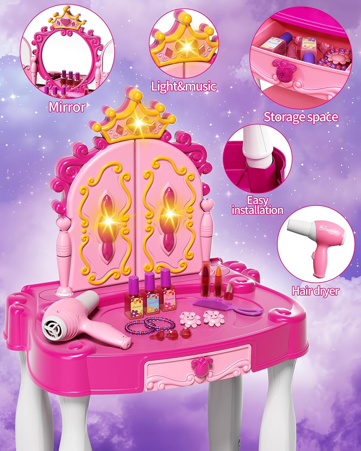 Toddler Makeup Table with Mirror and Chair, Kids Makeup Vanity Set with Accessories and Lights and Music Sound for Girls, Toddlers 3-5 Years Old