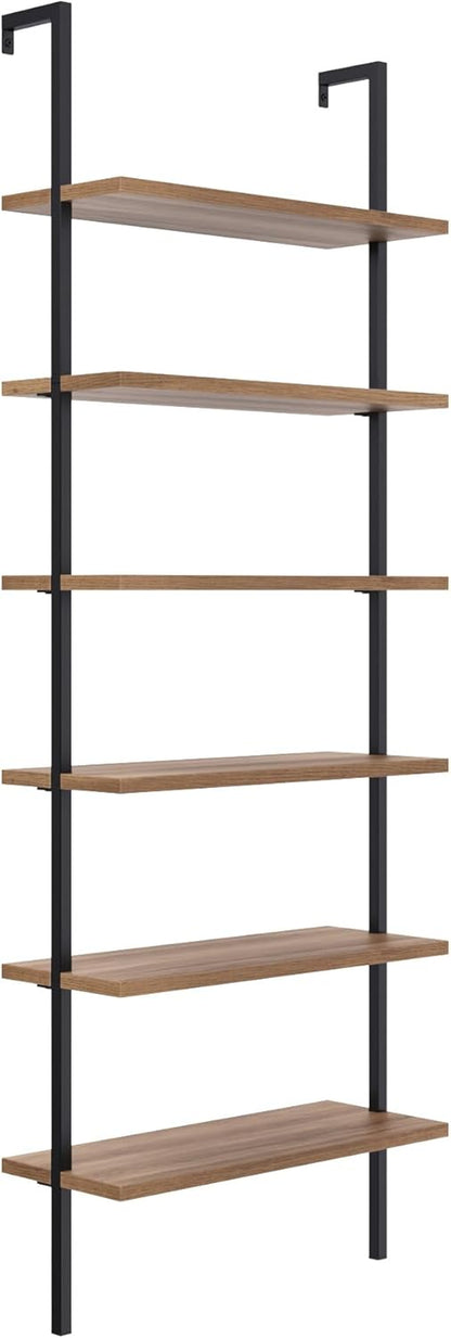 Theo 6-Shelf Tall Bookcase, Wall Mount Bookshelf with Reclaimed Wood and Industrial Metal Frame, Oak/Black