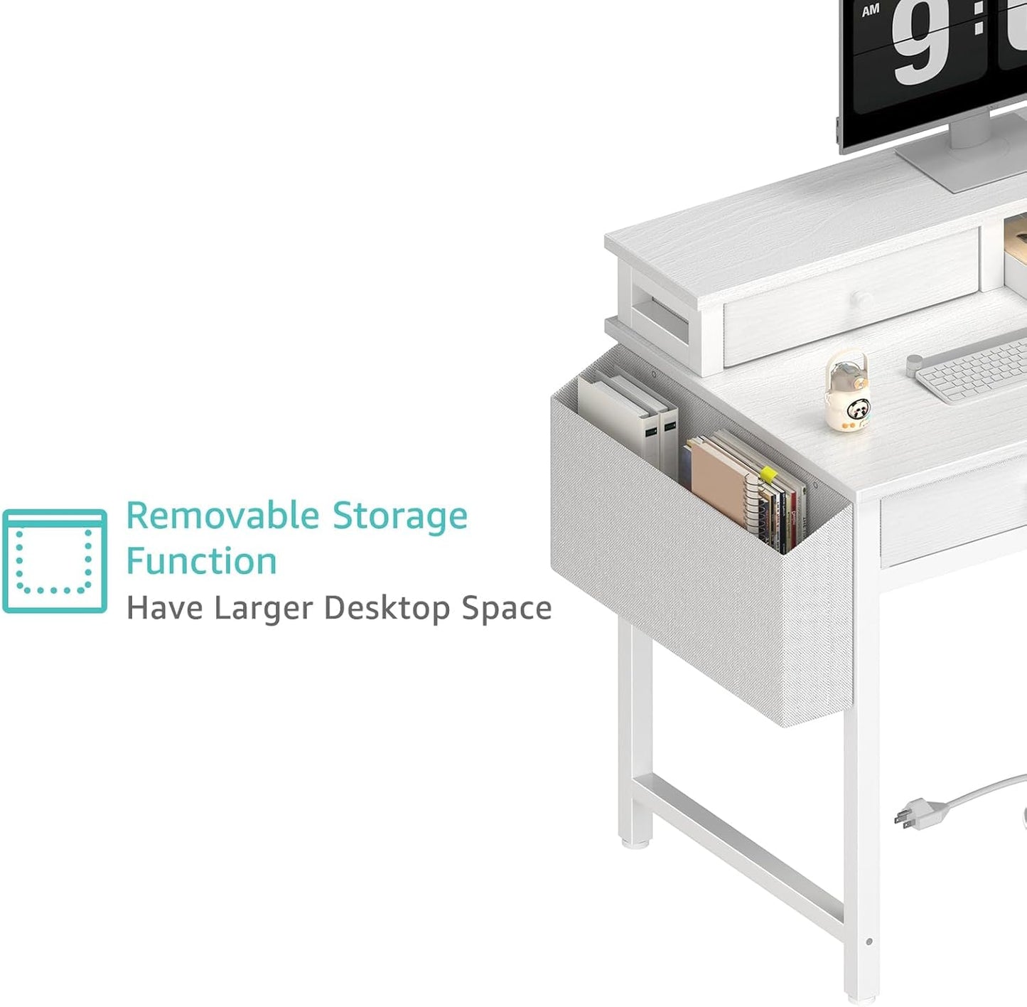 Small White Kids Desk with Fabric Drawers for Bedroom, 32 Inch Vanity Makeup Desk with Drawers Storage for Home Office, Writing Study Table with Power Outlet & Monitor Stand, White