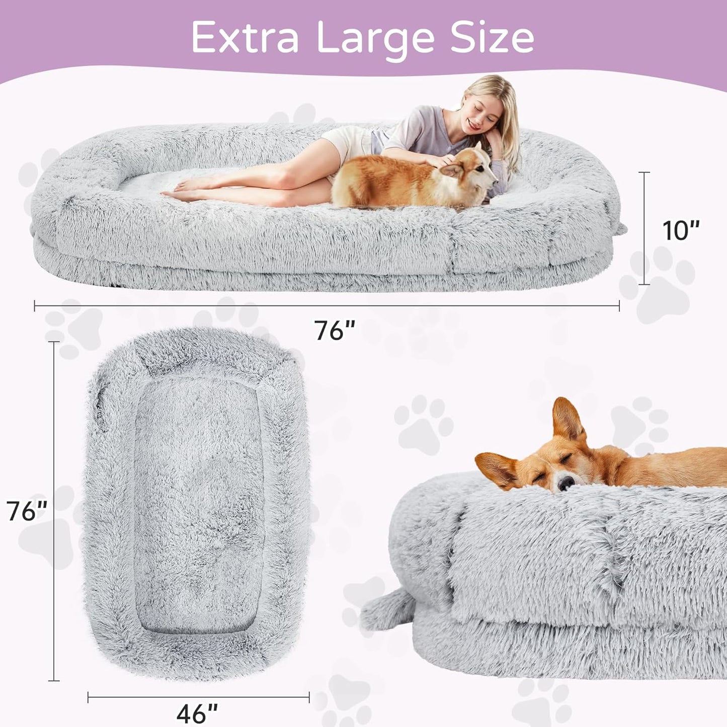 Human Dog Bed for Adults, 46 X 10 X 76 Long Human Size Dog Bed, Removable Cover, Orthopedic Design, Light Grey