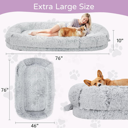 Human Dog Bed for Adults, 46 X 10 X 76 Long Human Size Dog Bed, Removable Cover, Orthopedic Design, Light Grey