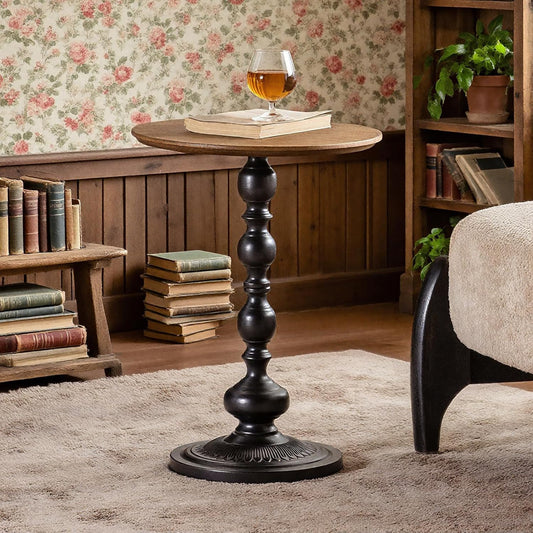 Round End Table, Framhose Small Side Table with Wood Top and Black Base, Pedestal Table for Living Room Corners Bedroom Patio and Bar（20" Hight）