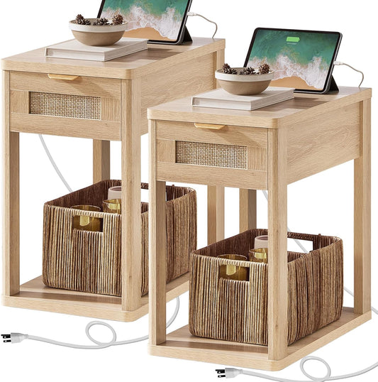 Narrow Side Table Set 2, 24X14'' Rattan Night Stand with Charging Station Drawer Storage,Natural Wood Bedside End Table for Small Spaces,Boho Nightstand for Living Room Bedroom