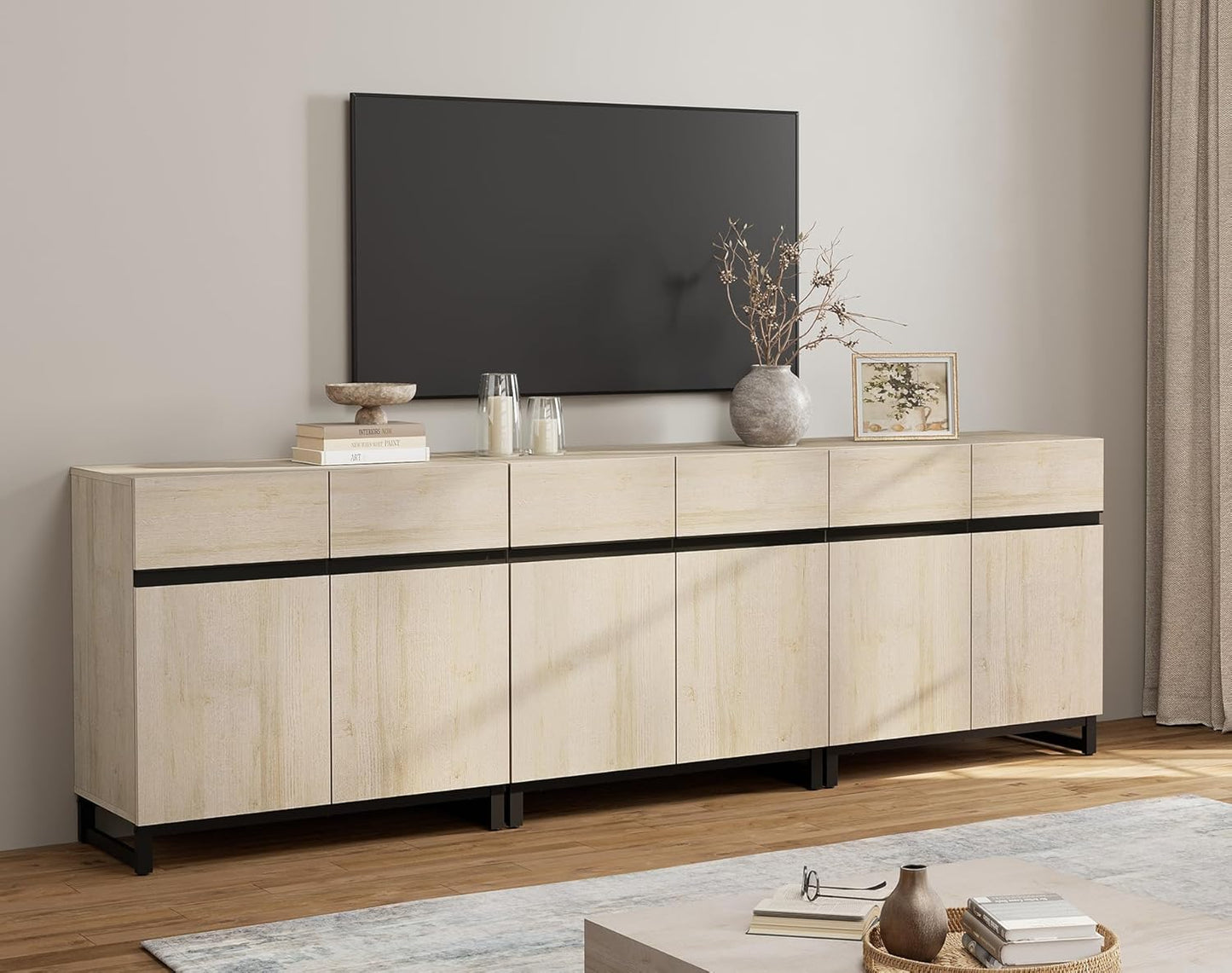 Modern TV Stand for Tvs up to 110 Inch, 3 in 1 Wood Entertainment Center Console Table with Adjustable Shelves and Metal Base for Living Room, Bedroom, Light Oak