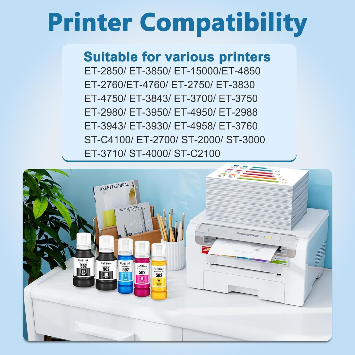 502 Ink Refill Bottles ET-2850 ET-3850 ET-4850 ET-15000 502 Ink Compatible for ET 2850 ET 3850 ET-4760 ET-2760 ET-3830 ET 4850 ET 15000 ET-3843 ET-2980 ET-3950 4950 3750 Printer