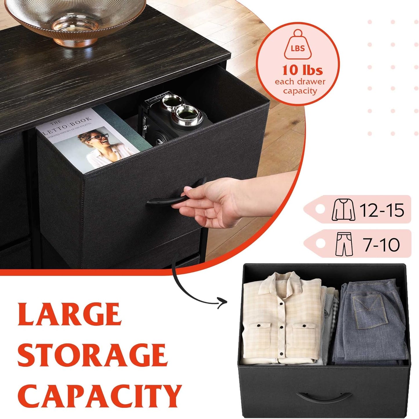 Tall Black Dresser for Bedroom with 10 Drawers, Chest of Drawers, Dressers Bedroom Furniture, Storage Organizer Unit with Fabric Bins for Closet, Hallway, Living Room, Entryway