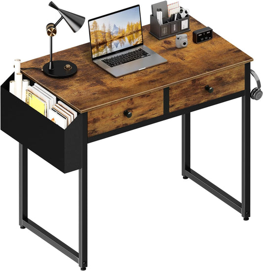 Small Computer Desk with 2 Drawers for Bedroom, 31 Inch Home Office Desk with Storage Fabric Drawer and Bag, Study Writing Table for Small Spaces, Rustic Brown