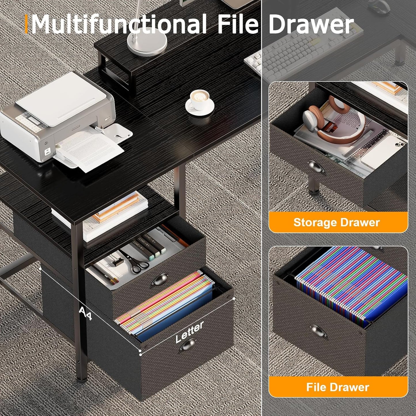 66” L Shaped Desk with Power Outlet, Reversible Computer Gaming Desk with File Drawer & 2 Monitor Stands for Home Office with Storage Shelves, Black