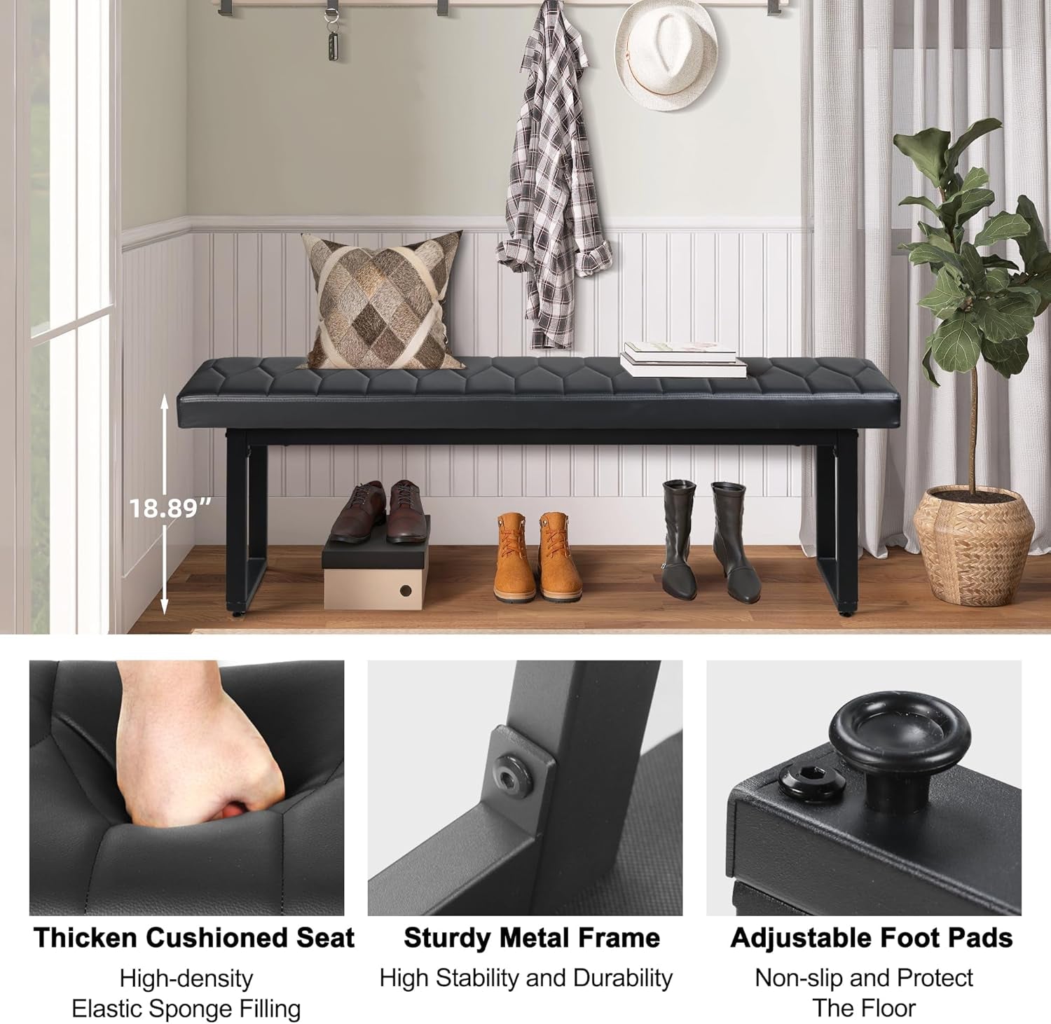 58” Padded Dining Table Bench Pair of 2 for 6-8 Person, Faux Leather Indoor Cushioned Extra Long Bench for Dining Room Table, Bedside Shoe Entryway Benches (Black, 58")
