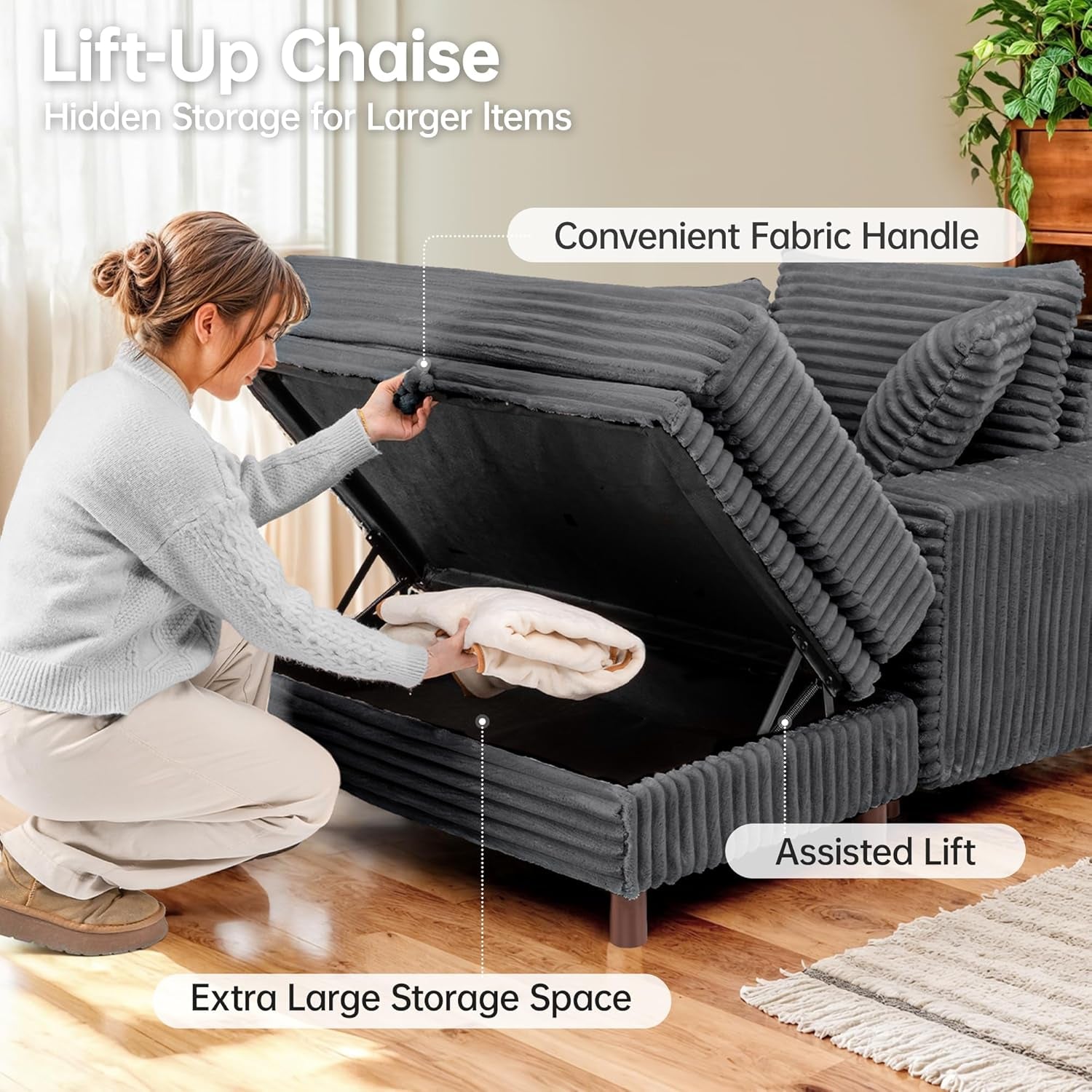 54" Oversized Chaise Lounge Chair Indoor, Comfy Sofa Bed with Removable Storage Ottoman and Pillows, Upholstered Reading Chairs Corduroy Cloud Couches, for Living Room, Gray