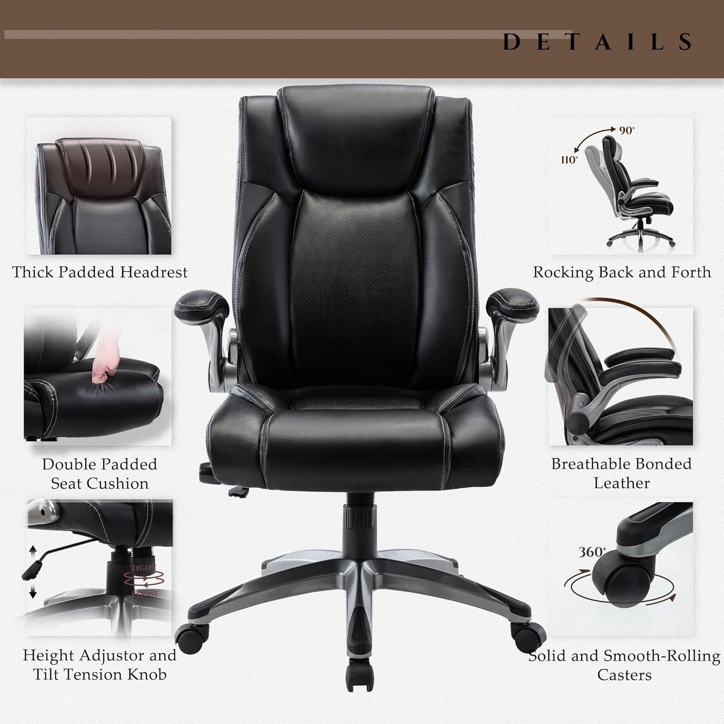 Executive Office Ergonomic Chair with Thick Bonded Leather, Flip-Up Armrests, High Back Adjustable Height and Tilt for Working, Study, Gaming