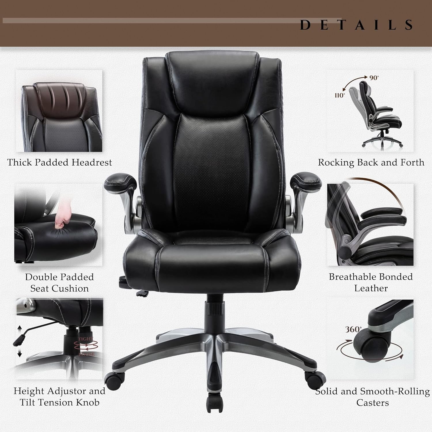 Executive Office Ergonomic Chair with Thick Bonded Leather, Flip-Up Armrests, High Back Adjustable Height and Tilt for Working, Study, Gaming