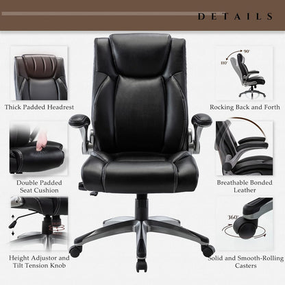 Executive Office Ergonomic Chair with Thick Bonded Leather, Flip-Up Armrests, High Back Adjustable Height and Tilt for Working, Study, Gaming